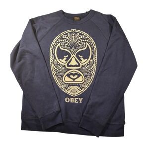 OBEY Sweatshirt Mens Medium Blue Luchador Mask Graphic Pullover Fleece Crew USA